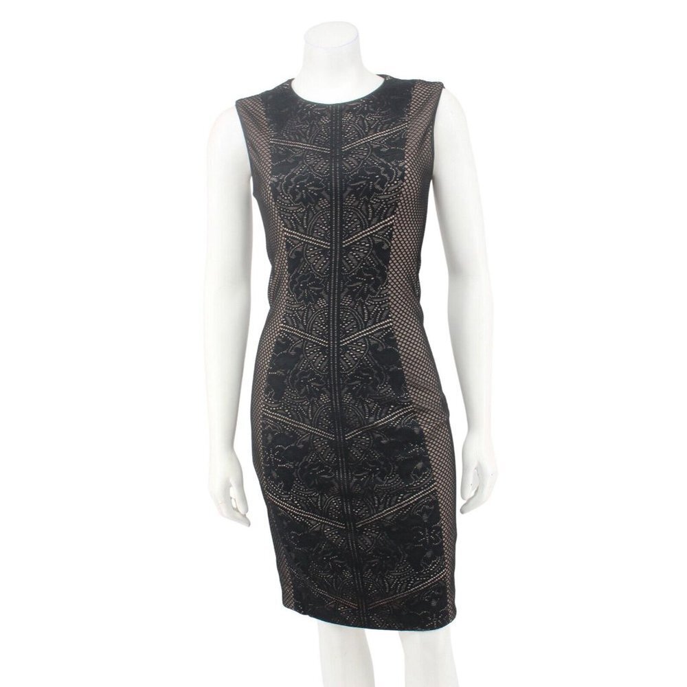 Dress The Population Black Tori Lace Chevron Stripe Mesh Sheath Dress Size S